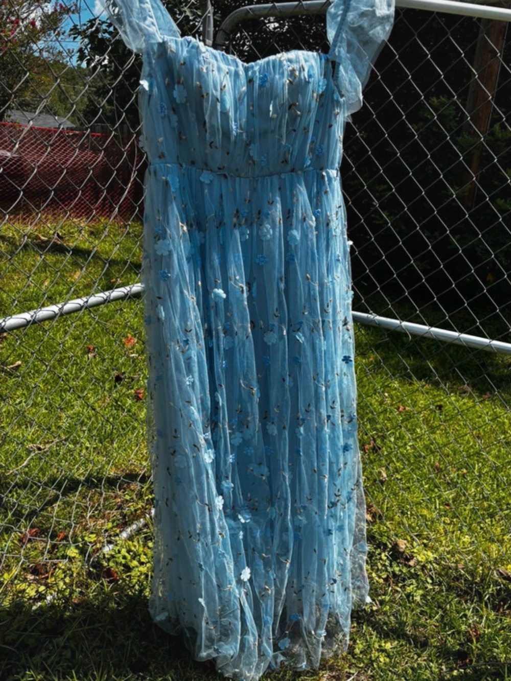 Light Blue Floral Mesh Maxi Dress